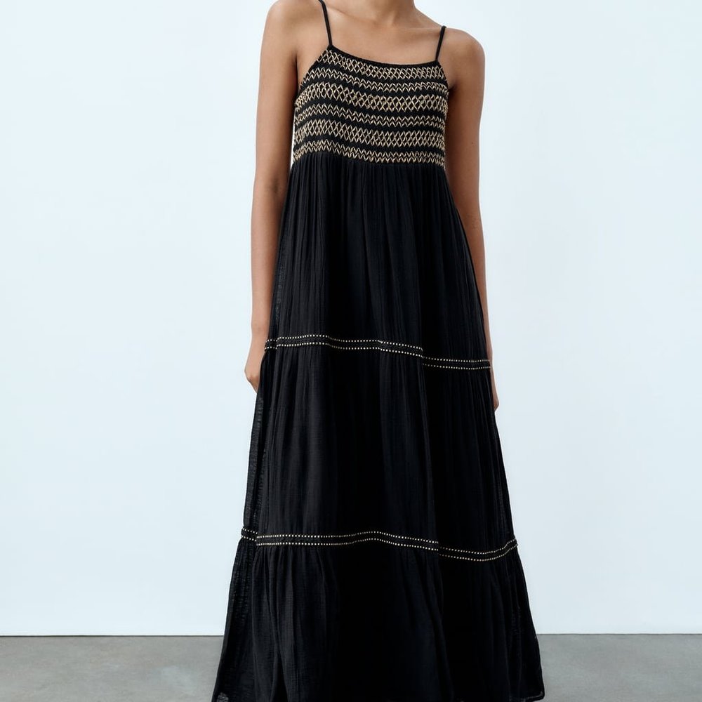 Zara black + beige EMBROIDERED MIDI DRESS size small spaghetti strap NWT